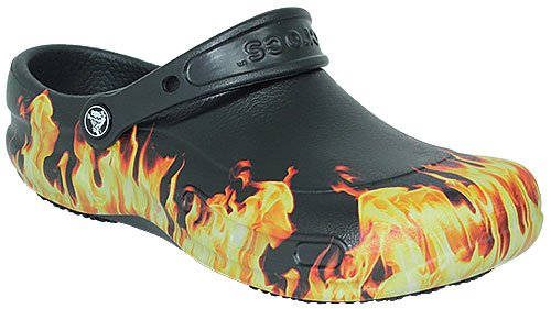 black crocs with flames