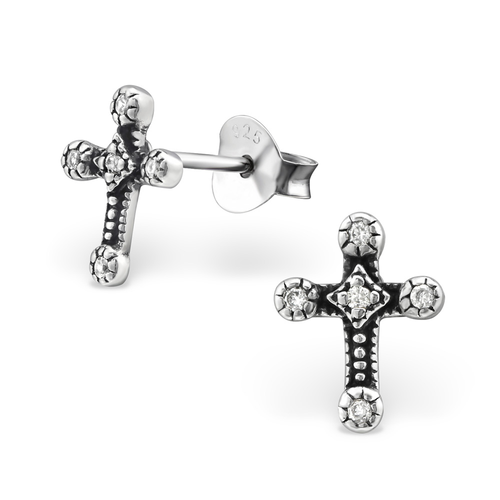 Sterling Silver Antique Style Cross Studs