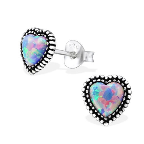 Sterling Silver an Opal Heart Studs