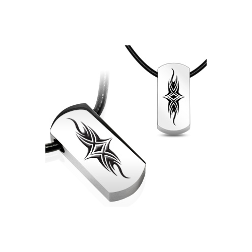 Stainless Steel and Leatherette Tribal Shield Tag Necklace