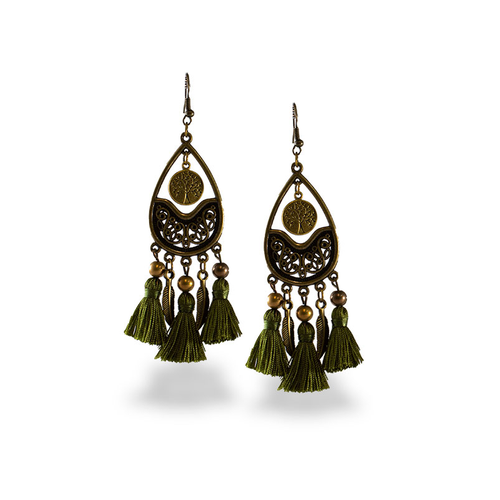 Tree of Life Feather and Tassel Earrings